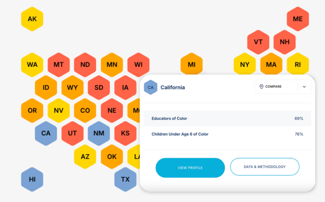 A choropleth map of the united states with a pop-up window displaying a table of data for California